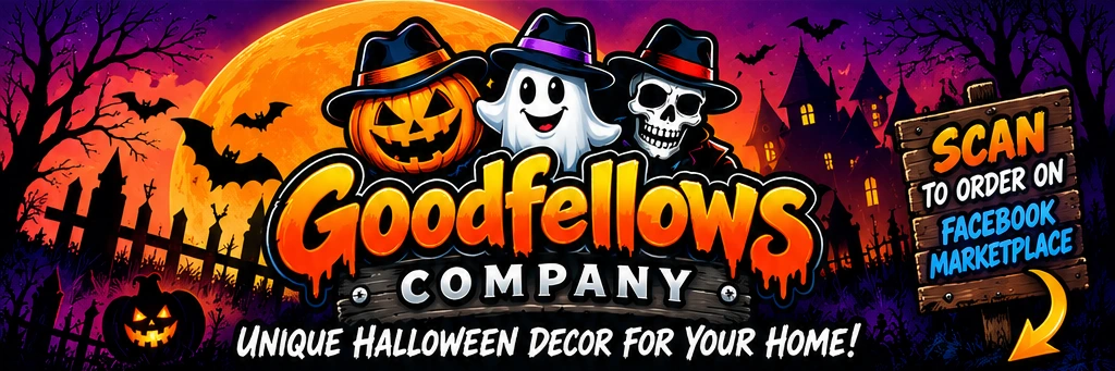 Goodfellows Company Halloween artwork: a pumpkin, a friendly ghost and a skeleton in hats against a glowing harvest moon